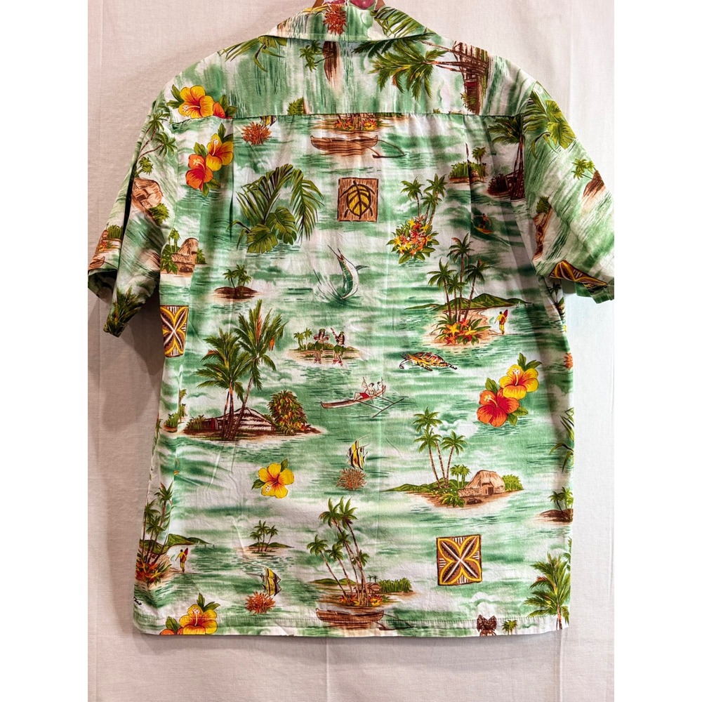 RJC Hawaiian Shirt Mens Medium Green Scenic Hula Canoe Made in Hawaii USA - Picture 2 of 9